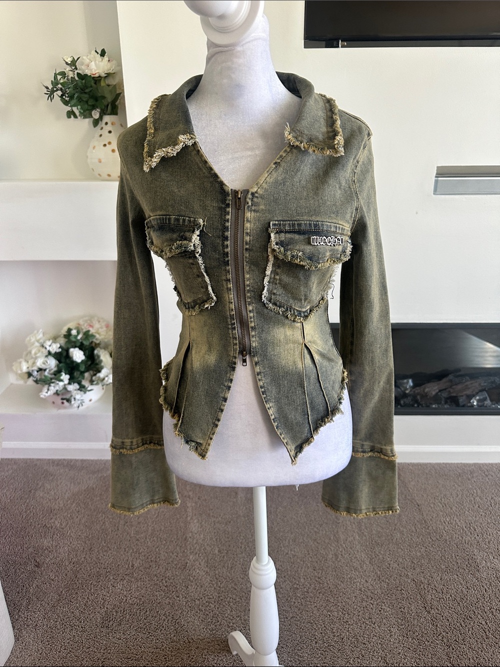 Aelfric Eden Olive Green Distressed Denim Zip Jacket